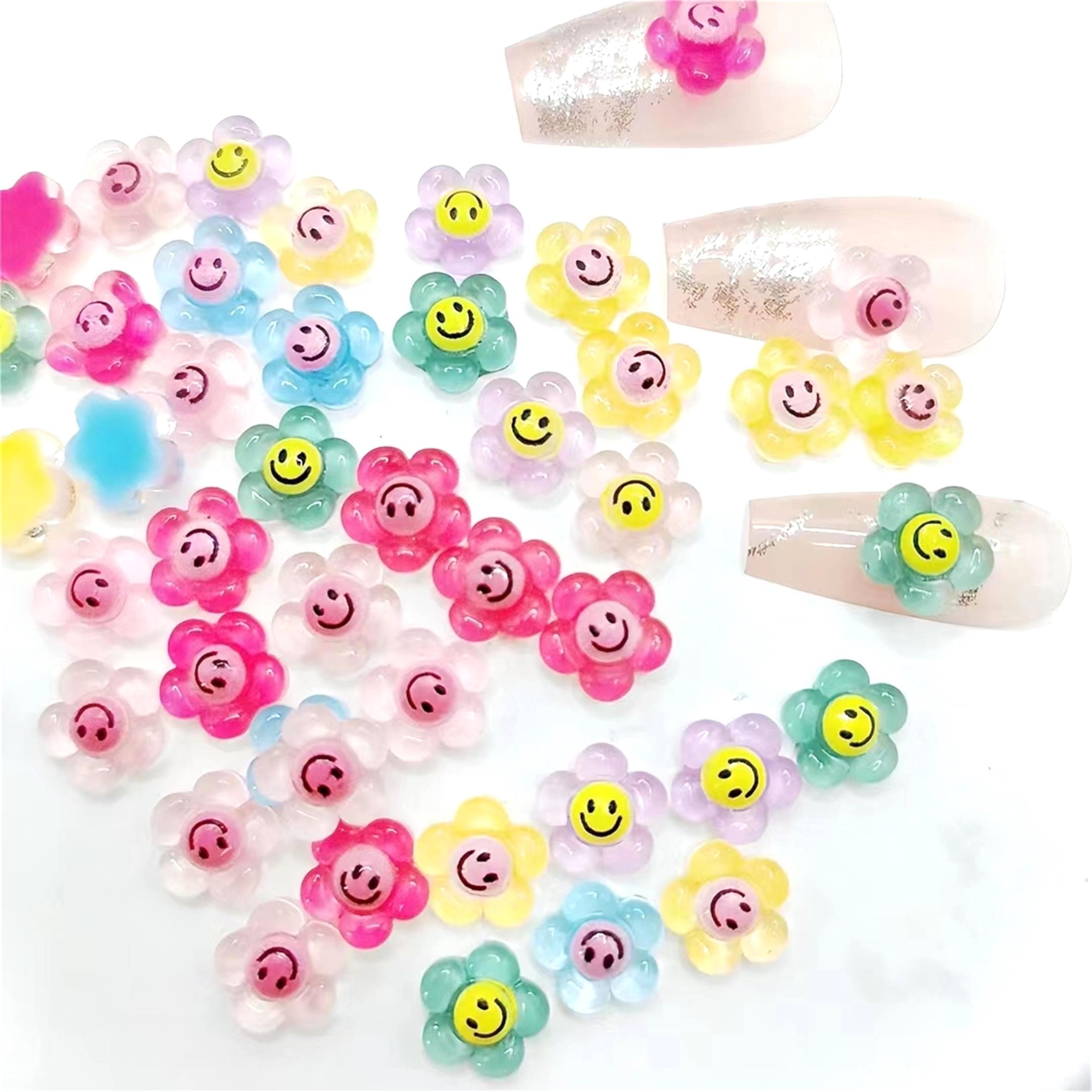 

50pcs Resin Cute Mini Kawaii Smile Face Flower Nail Charms, Flat Scrapbook Rhinestones 3d For Woman Girls Nail Charms Manicure Decorations Jewelry Accessories