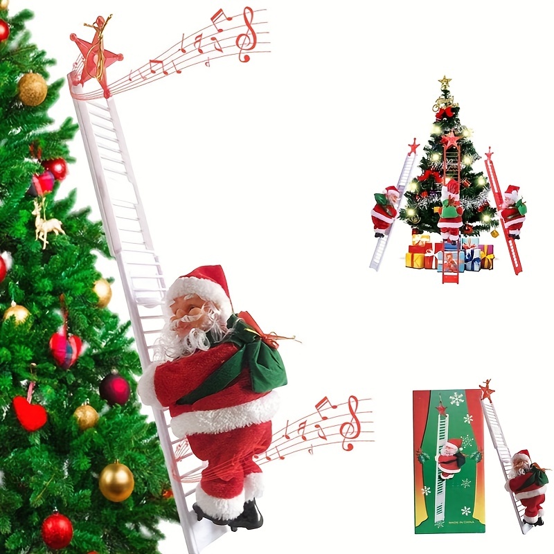 

1pc Electric Santa Climbing Ladder, Climbing Up And Down Santa Claus On Ladder With Music And Bag Of Presents, Tree Holiday Party Home Door Wall Decoration, Christmas Ornament