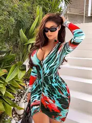 leopard print zip up dress party club wear long sleeve bodycon dress womens clothing details 0