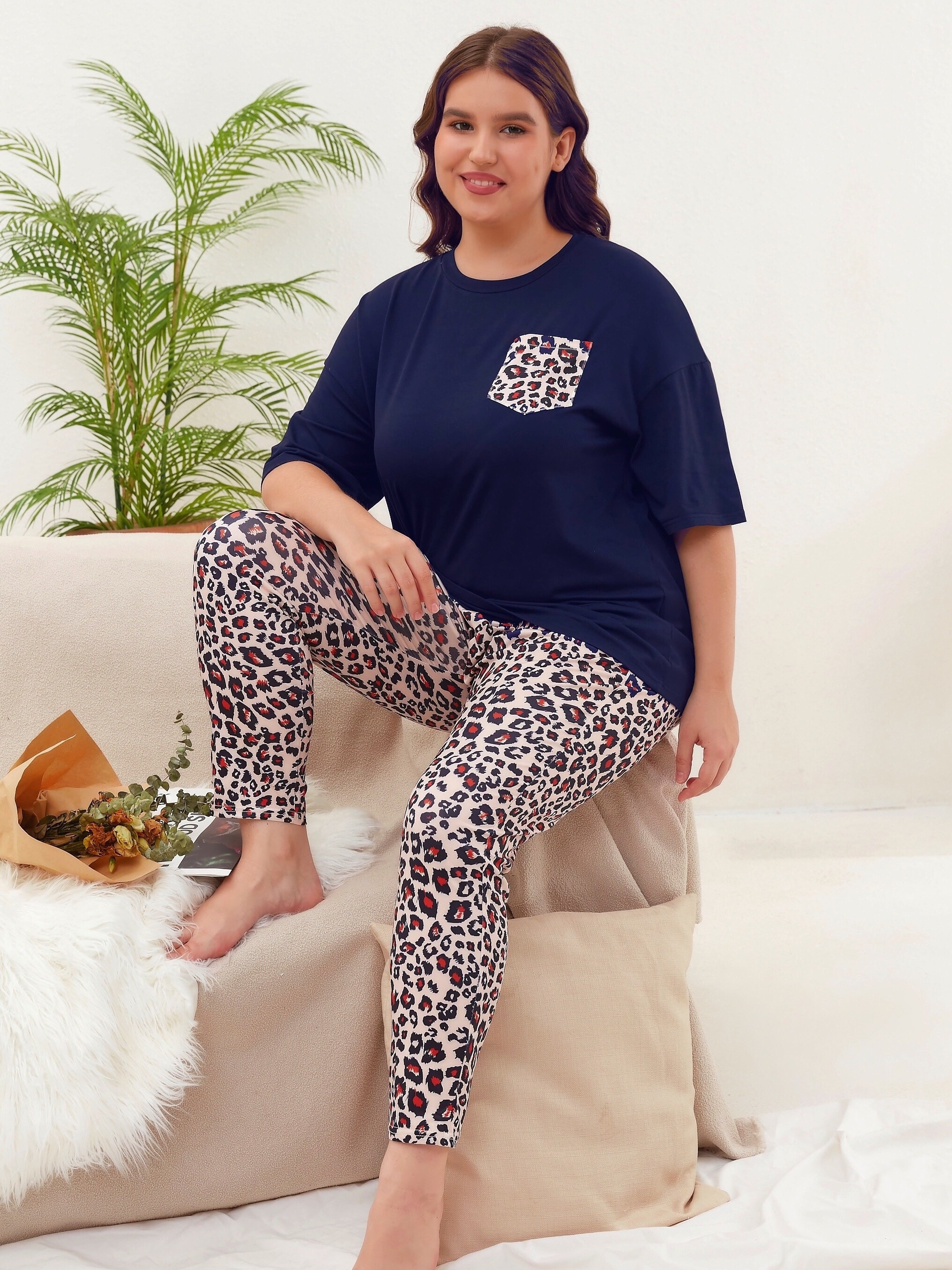 Leopard Print Pajama Set Short Sleeve Top & Pants