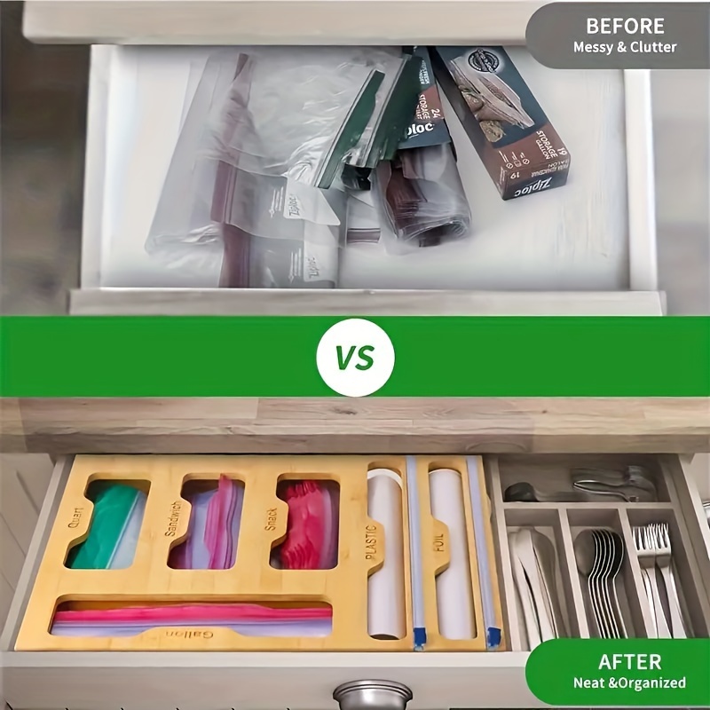Umra Ziplock Bag Storage Organizer, Foil & Plastic Wrap Dispenser with Cutter, Zip Lock Organizer for Gallon, Quart, Sandwich &Snack size, Bamboo