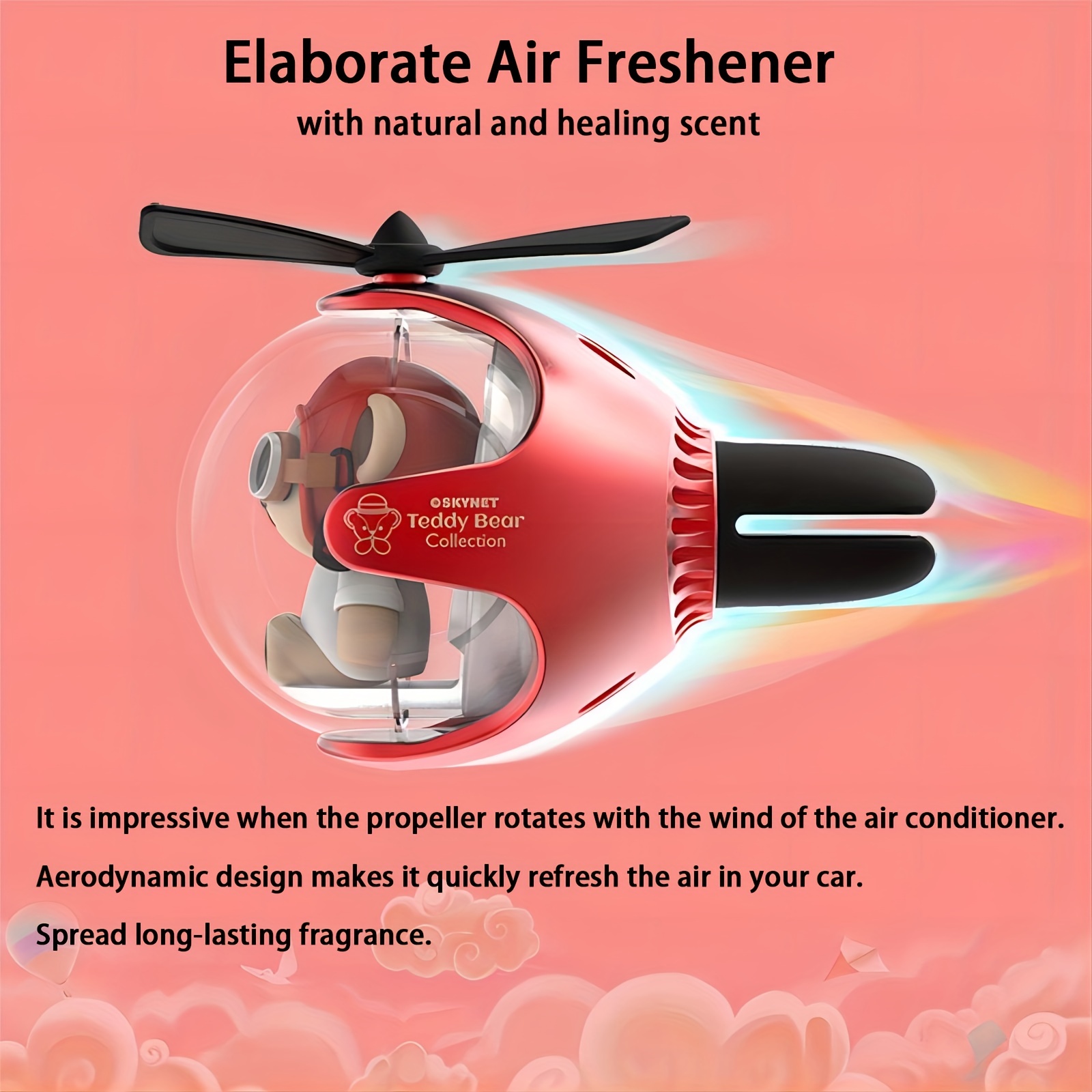1pc Bear Flight Ball Design Car Air Freshener, Car Aroma Diffuser Clip,  With 6-color RGB LED Lights, Rotating Propeller Clip