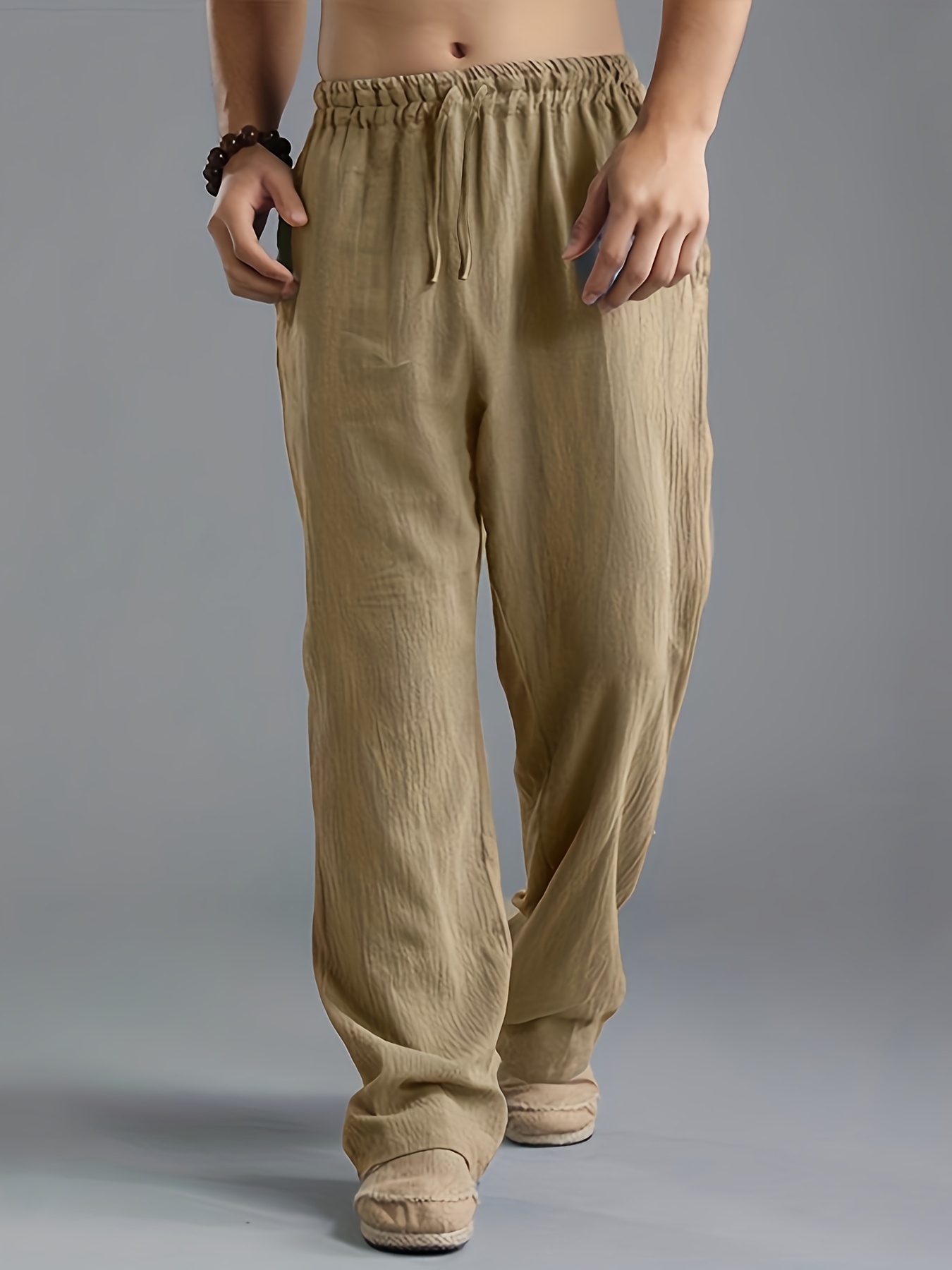 Womens Comfy Cotton Linen Pants Solid High Waist Drawstring Straight Leg  Pants Pockets Loose Breathable Outdoor Pants(XL,Khaki)