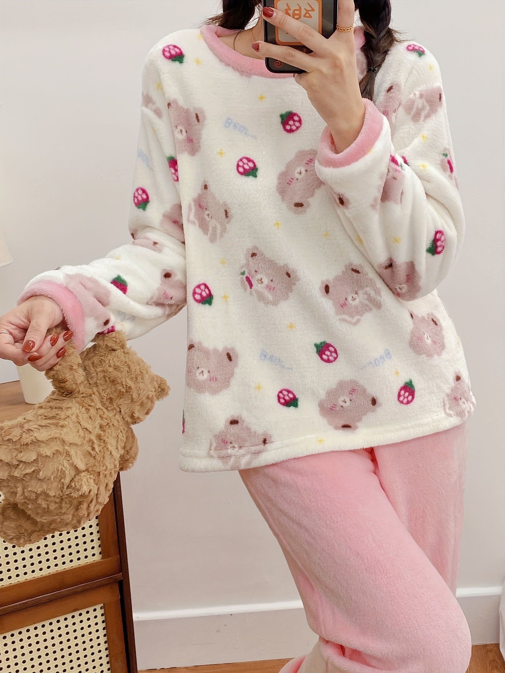 Cute Teddy Bear Warm Thermal Loungewear Long Sleeve Pullover - Temu Canada