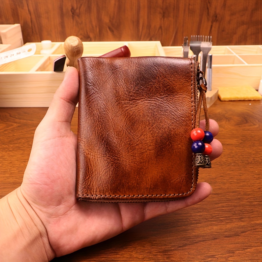 mens vintage top layer cowhide wallet genuine leather zipper coin purse