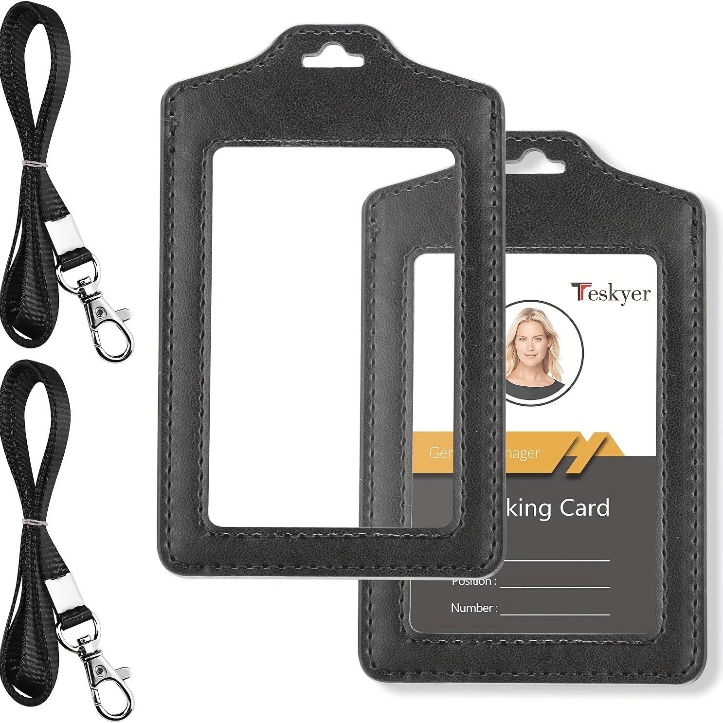 2 Pack Badge Holders, Vertical PU Leather ID Badge Card Holder with 1 Clear ID Window, with Detachable Neck Lanyard Strap and Retractable Badge Reel