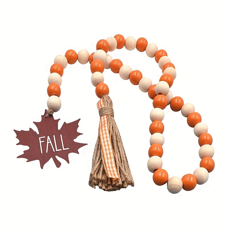 

1pc, Fall Beads Garland, Halloween Hanging Decor With Maple Leaf Plaid Tassels Colorful Wooden Beads For Thanksgiving