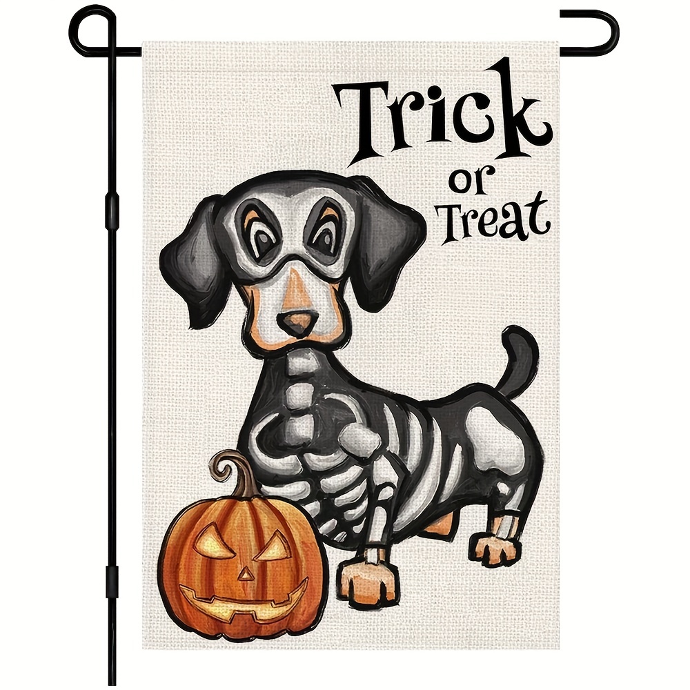 

1pc Halloween Trick Or Treat Garden Flag, Ghost Dog 12x18 Inch Small Double Sided Burlap Flag, Yard Dachshund Skeleton Outside Decorations, No Flag Pole