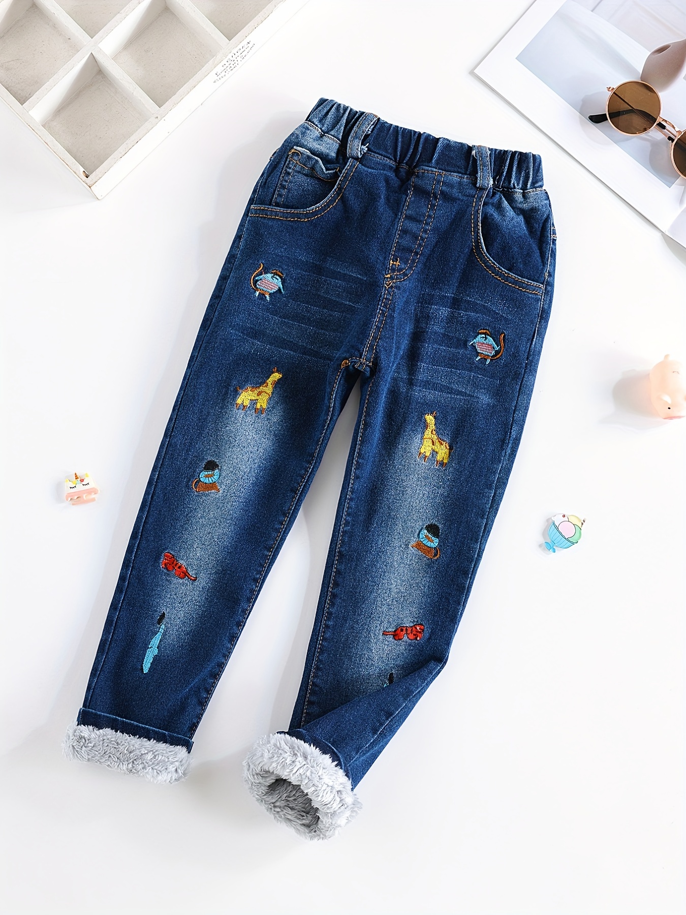 Kids Girls Jeans Unique Denim Pants Star Printed Trousers Ripped