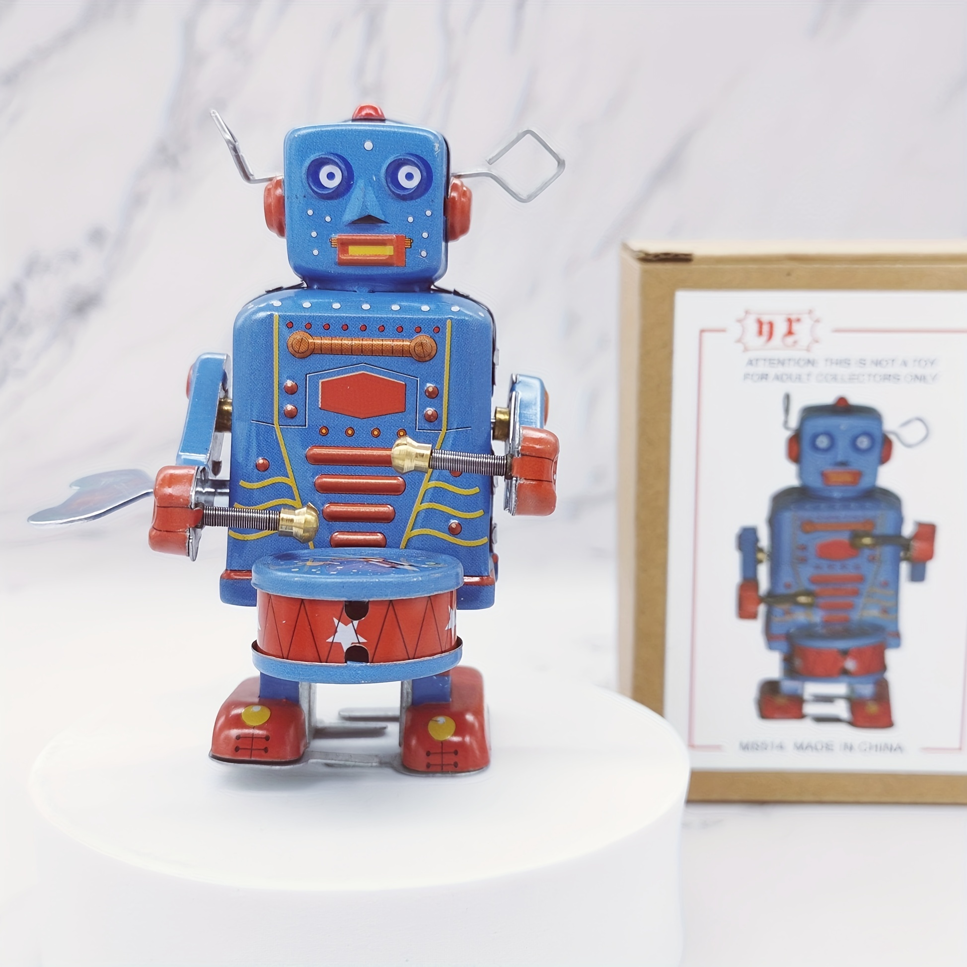 Clockwork Drumming Robot Toy Tinplate Antique Vintage 80s Wind up Robot Tin Toy Tabletop Bookshelf Figuirine Decor Gift For Children Adults Boys