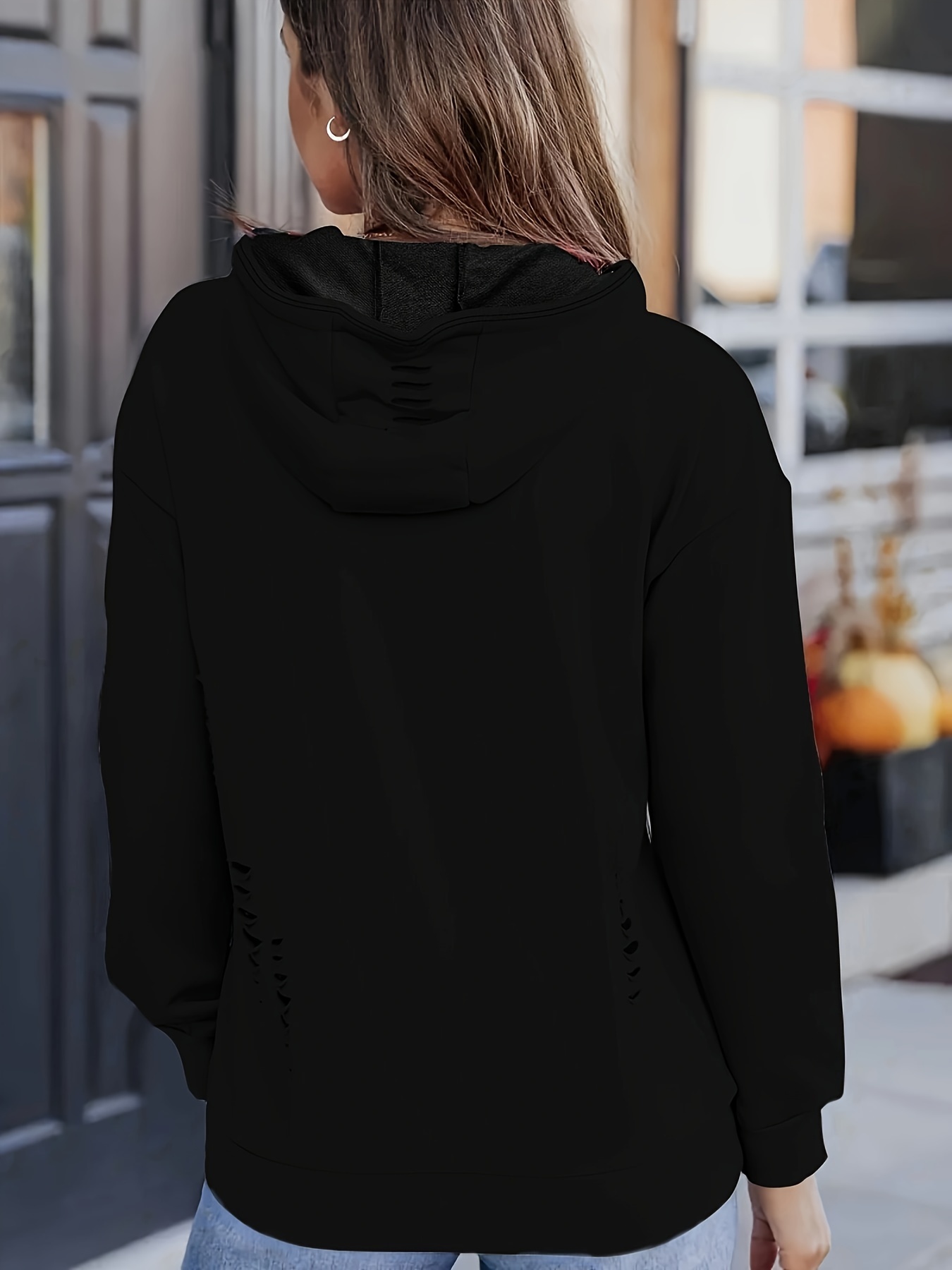 Ripped Drawstring Hoodies, Casual Kangaroo Pocket Long Sleeve Sweatshirt,  Women's Clothing