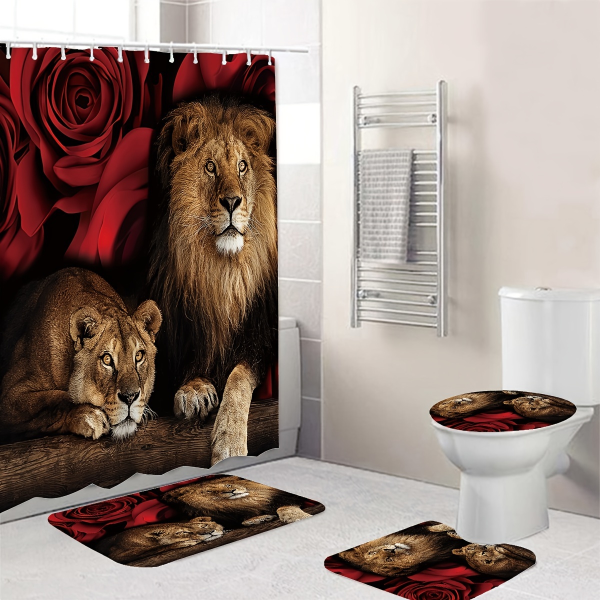 Waterproof Lion & Rose Flower Shower Curtain Set with 12 Hooks