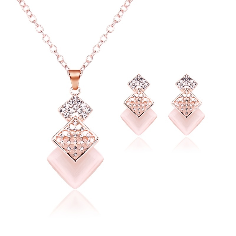 Geometric Cat Eye Stone Pendant & Earrings Set for Women