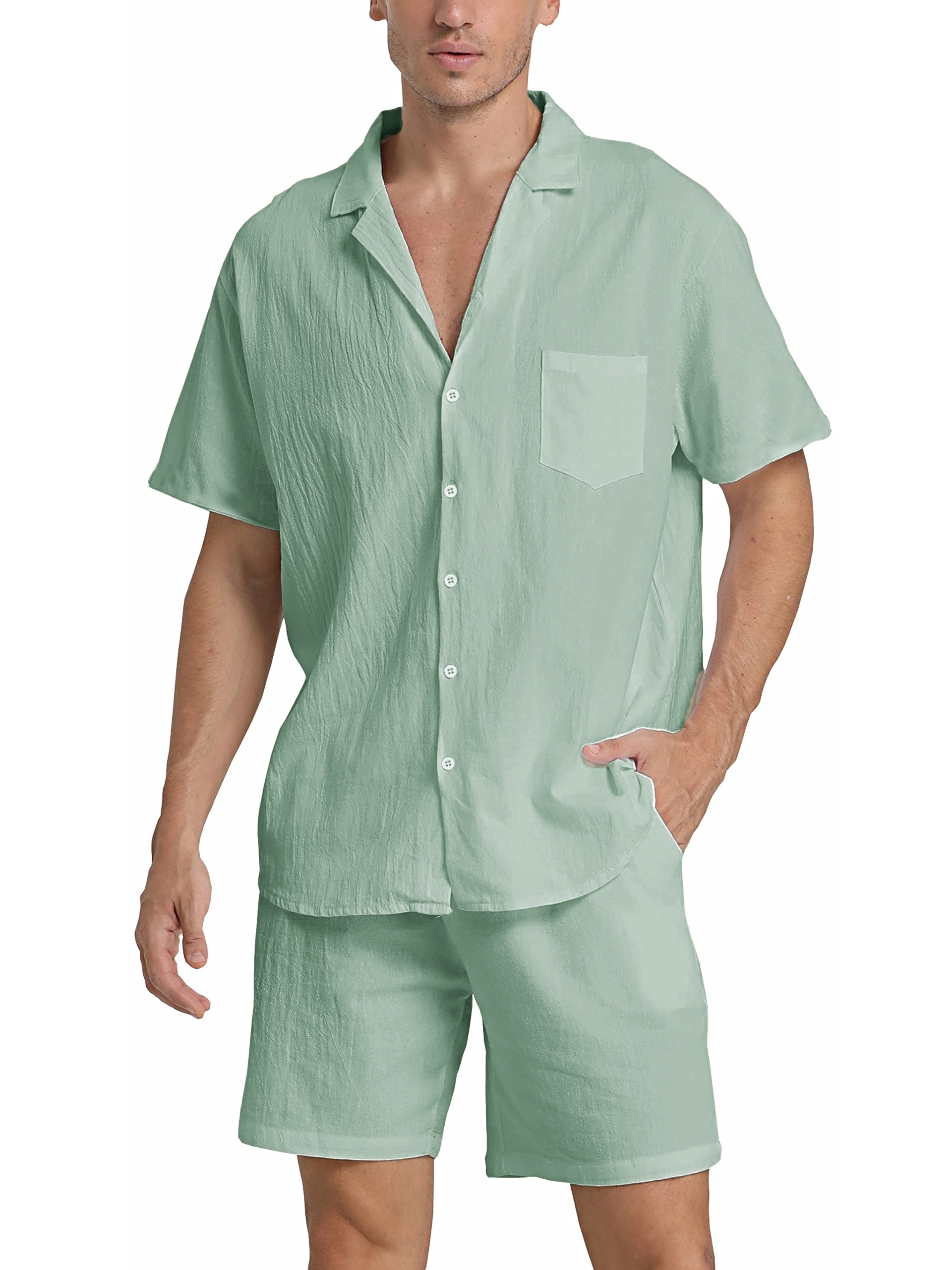 Cotton & Linen Blend 2pcs Men's Outfits Set Short Sleeve Shirt & Beach  Shorts