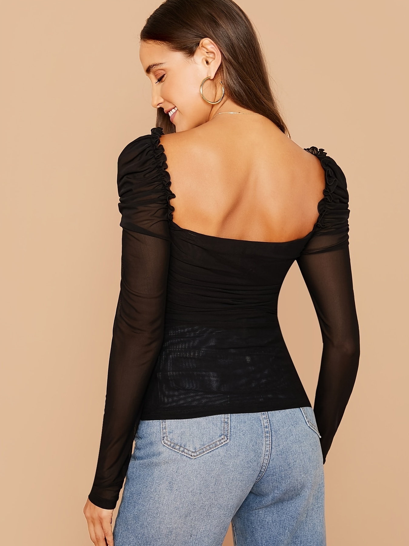 Mesh Sheer Ruched Top, Long Sleeve Square Neck Every Day Top For All  Season, Women's Clothing