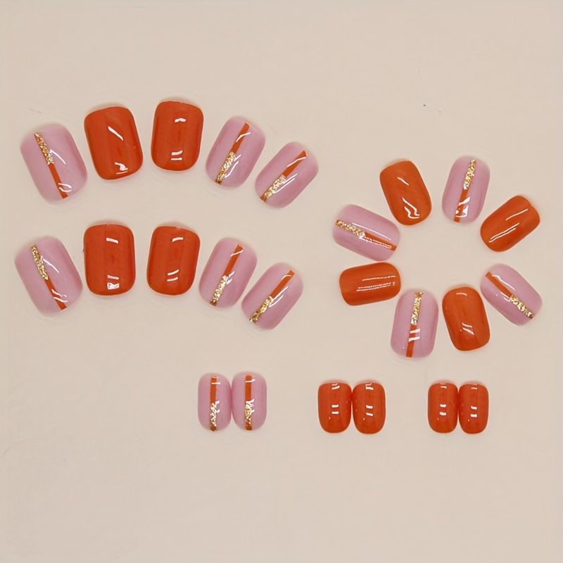 24pcs Orange Glitter Sequin Press On Nails Square False Nails for Daily Wear