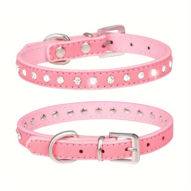 TEMU Collar Ajustable De Cuero Suave Y Duradero Con Incrustaciones De Diamantes De Imitación De Bling Para Perros Pequeños Y Medianos