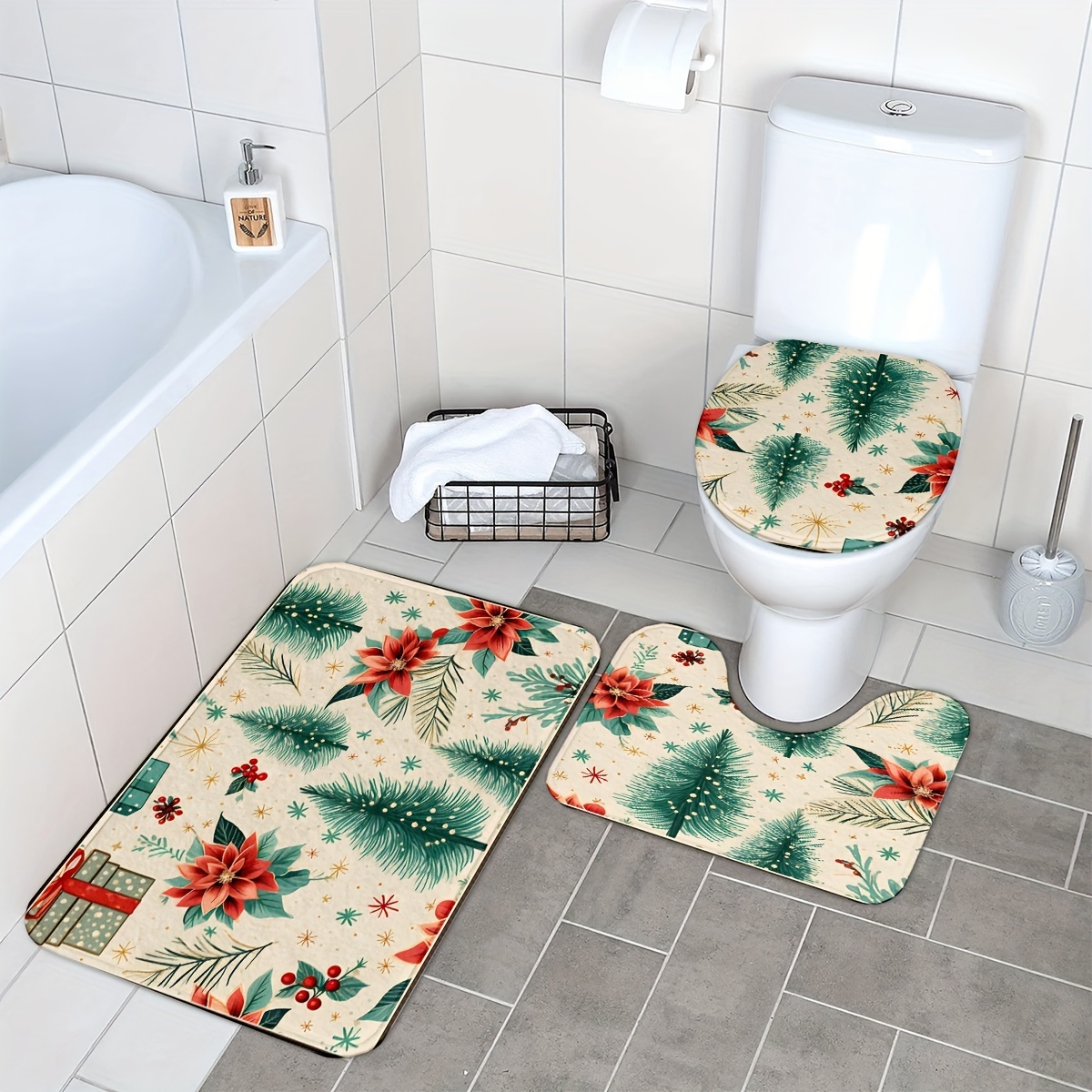 Christmas Pine Needles Flower Pattern Bathroom Rug, Bath Mats Set For  Bathroom, No Silp Washable Cover Floor Rug, Decorations For Bathroom  Bedroom, Set Includes Bath Rug, Contour Mat, And Toilet Lid Cover