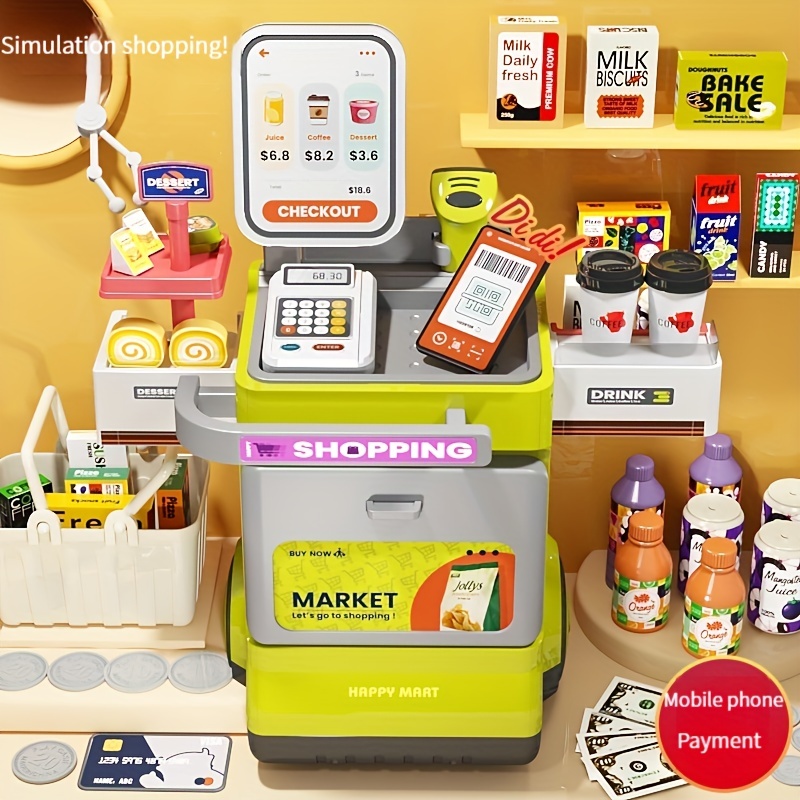 Caja registradora de juguete Juego con música Cajero Tienda de comestibles  Supermercado Interactivo Playset para niños Regalo Juguete Azul