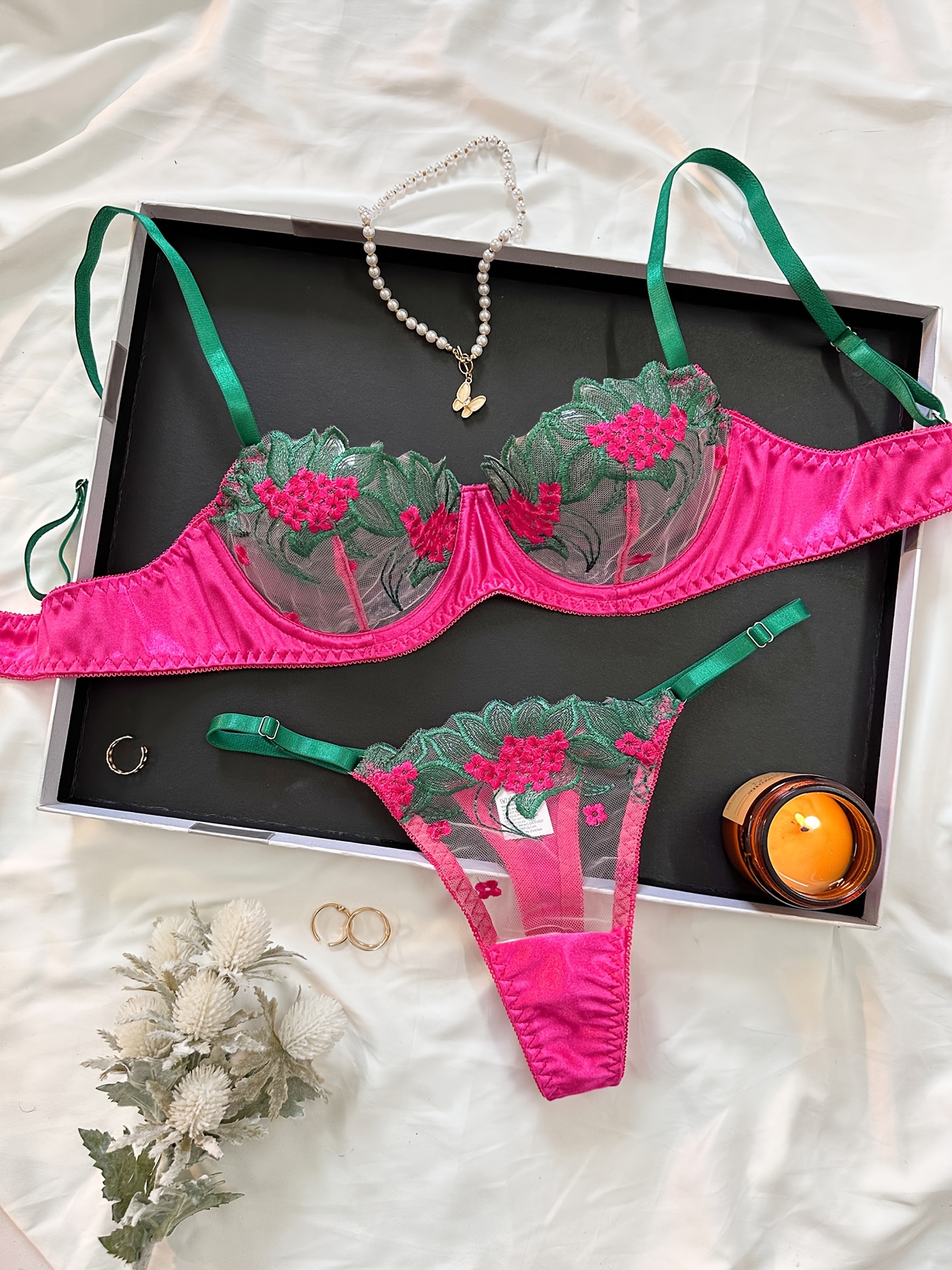 Victoria's Secret Push Up Bra Floral Embroidery Side Tie Thong Set Floral  Pink