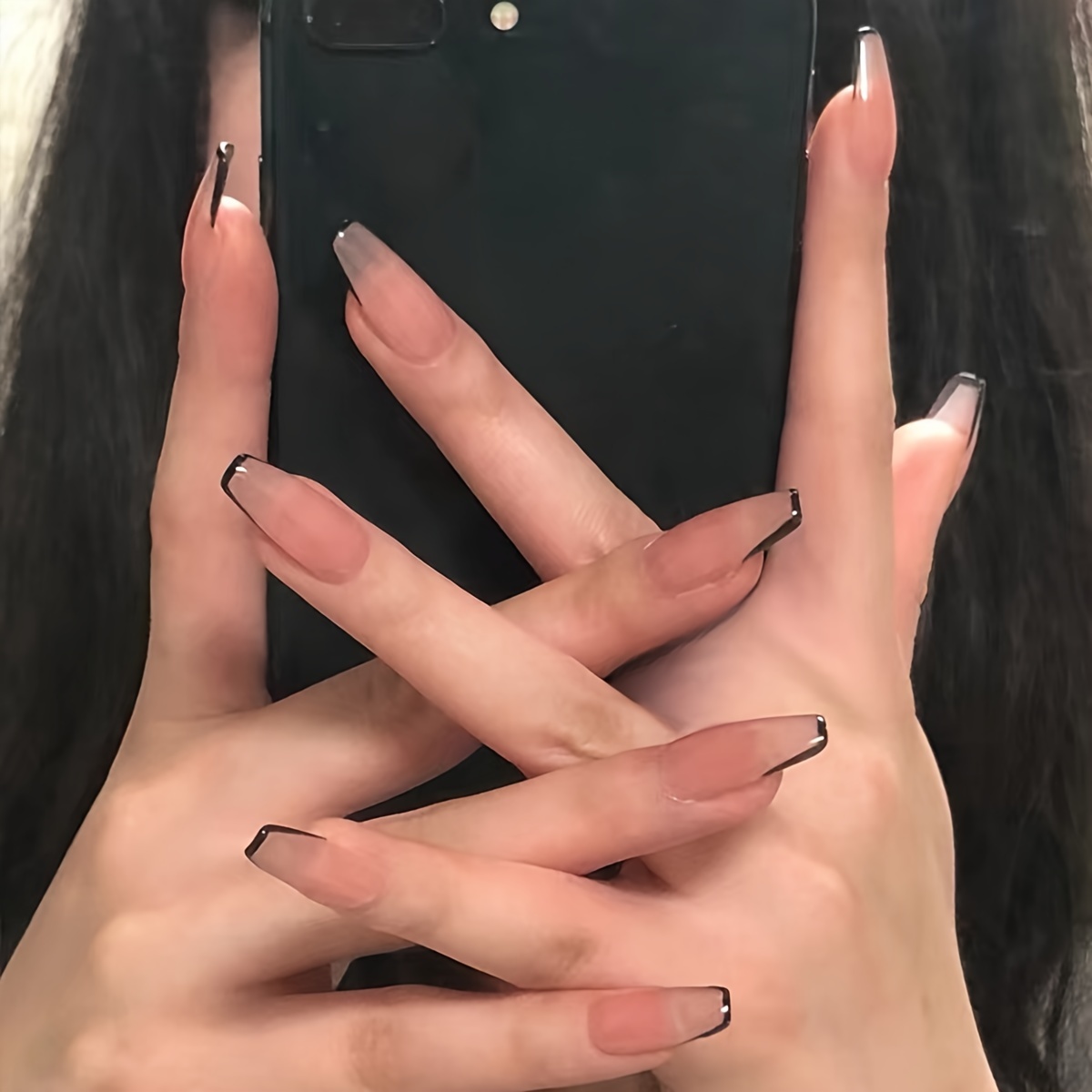 24pcs Nude Black Press-on Nails, Ballet Nail Tips, Removable Fake Nails, Nail Stickers For Women And