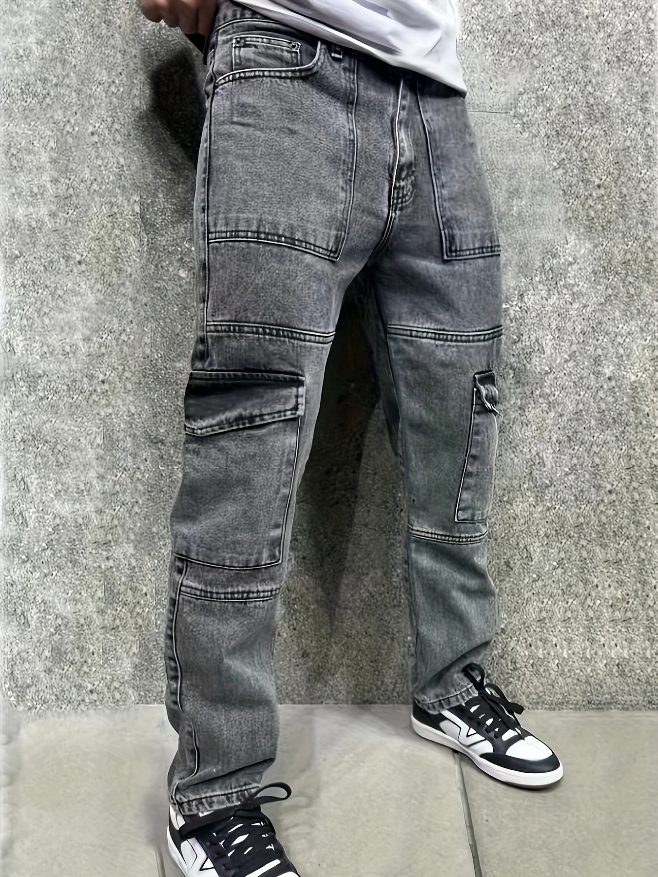 Men's Casual Multi Pocket Jeans, Chic Street Style Regular Jeans