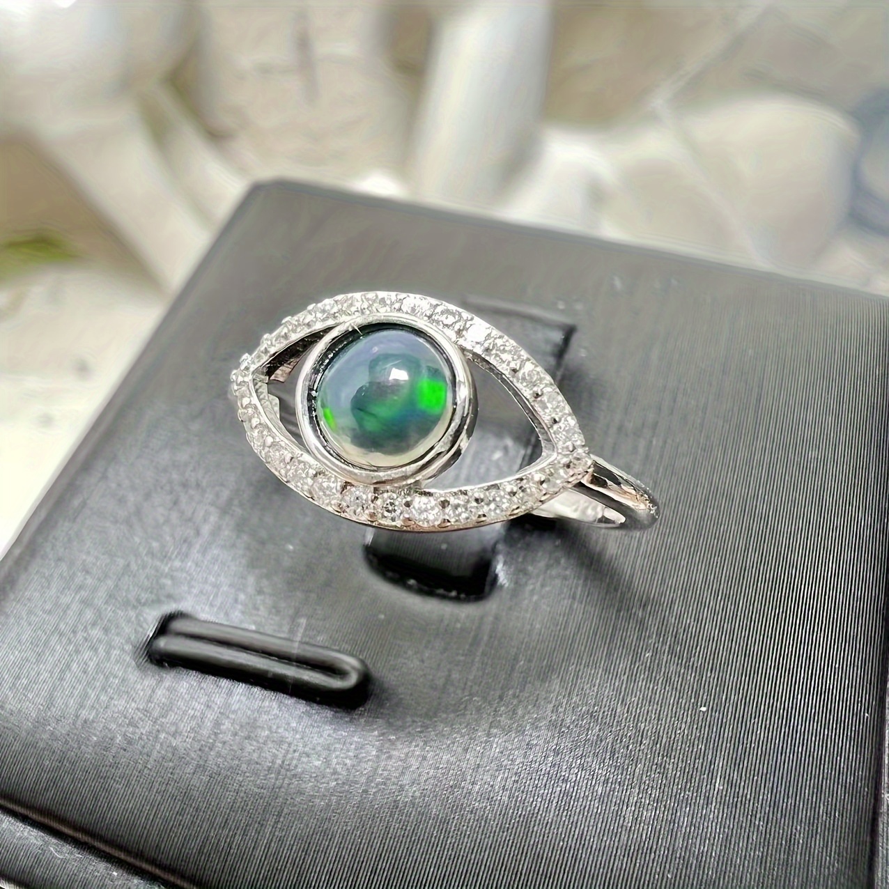 

1pc Natural Crystal Opal S925 Sterling Silver Ring, Distressed Vintage Style Devil's Eye Men's Ring, Silvery Ring Adjustable Ring