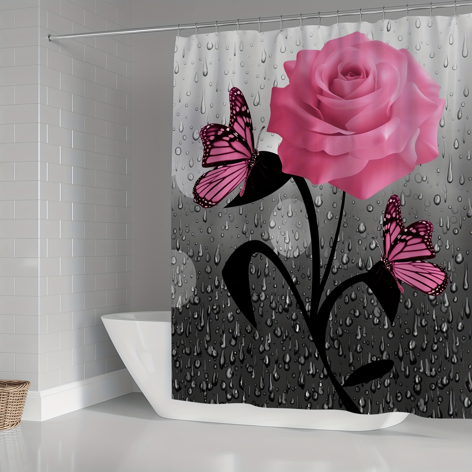 Romantic Pink Rose Butterfly Shower Curtain Set