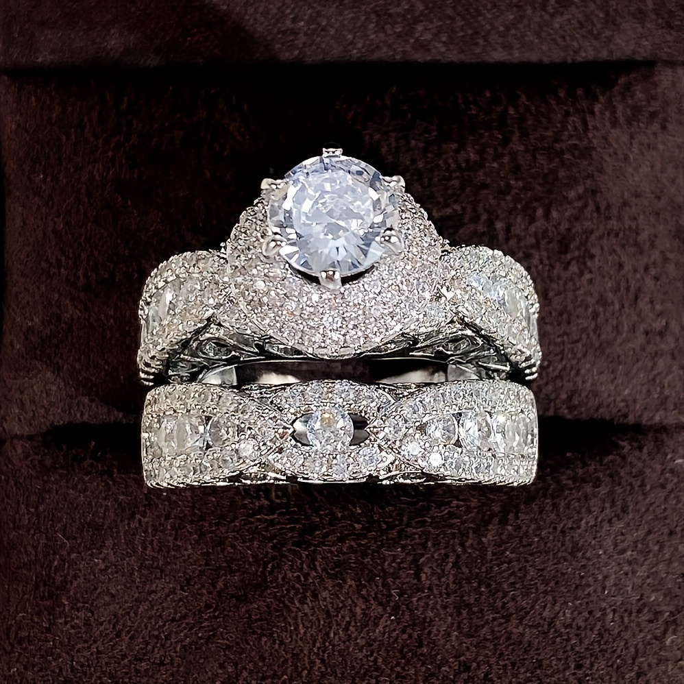 2pcs Micro Pave Zirconia Engagement Rings Set April Birthstone