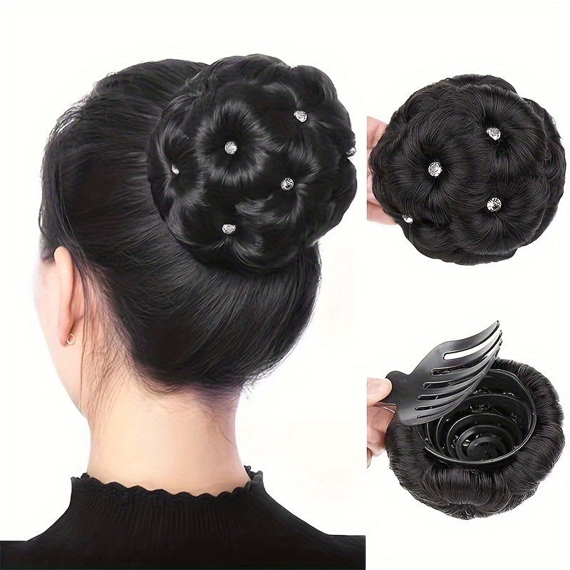 

1pc Clip In Hair Bun For Women Black Chignon With Rhinestone Synthetic Tress Claw In Ponytail Hair Extension Updo Hairpiece Hair Accessories