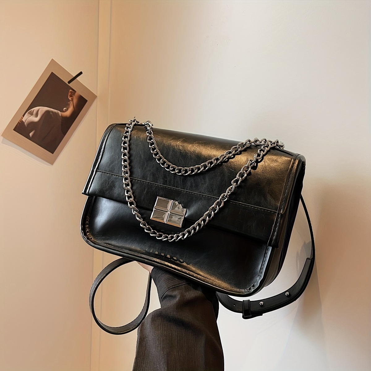 Simple Design Flap Shoulder Bag, Pu Leather Versatile Square Bag,  Adjustable Strap Crossbody Bag - Temu