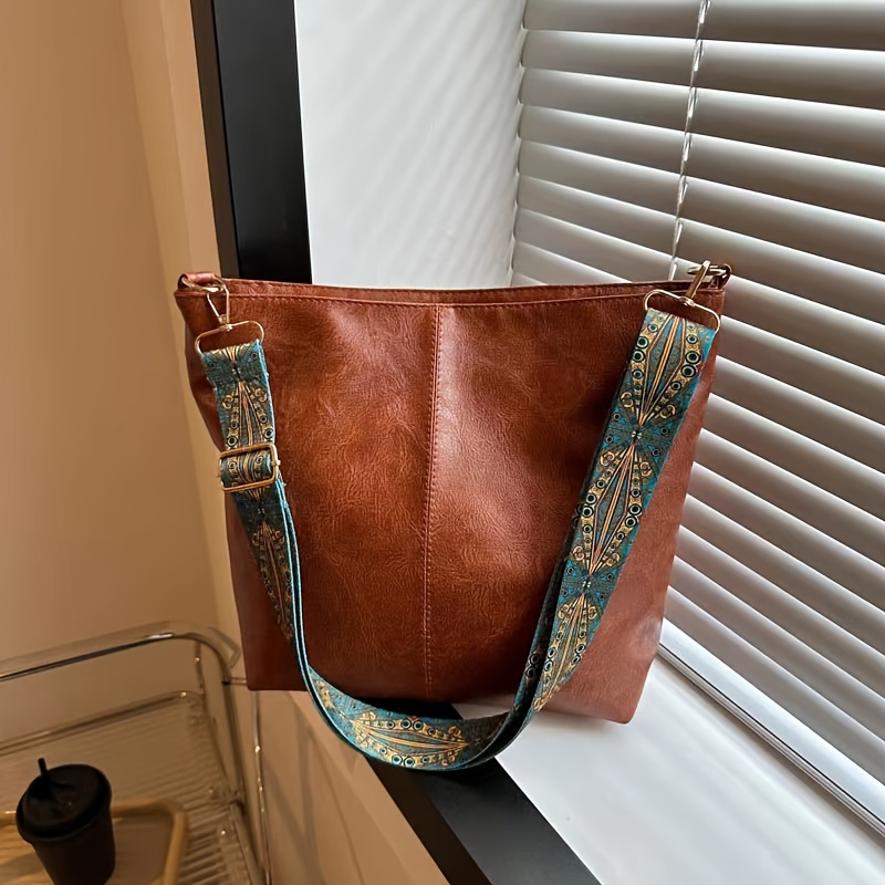 

Vintage Solid Color Pu Leather Women Fashion Shoulder Sling Bag Simple Wide Strap Bucket Crossbody Bag