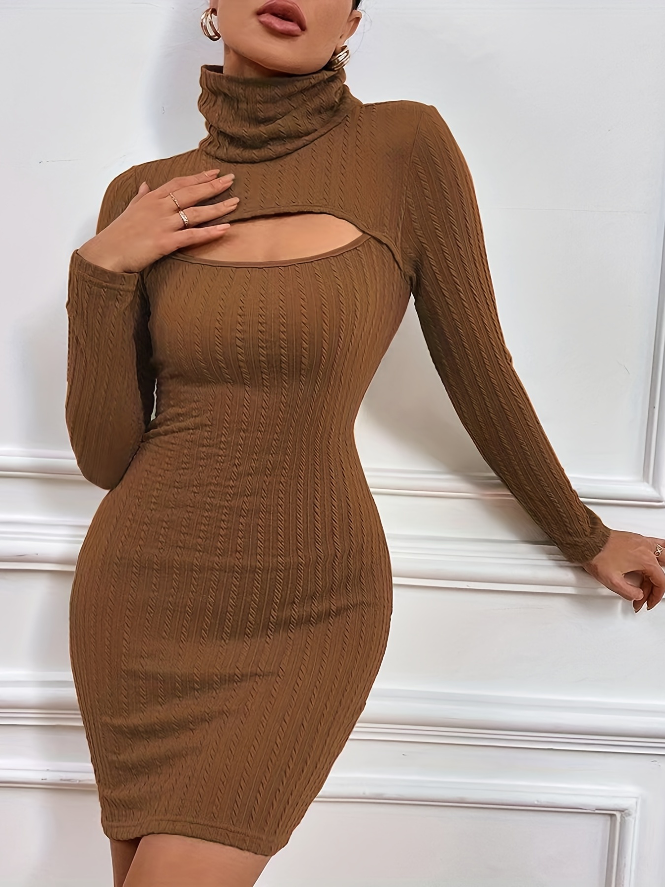 cut out turtleneck dress casual long sleeve bodycon solid dress womens clothing