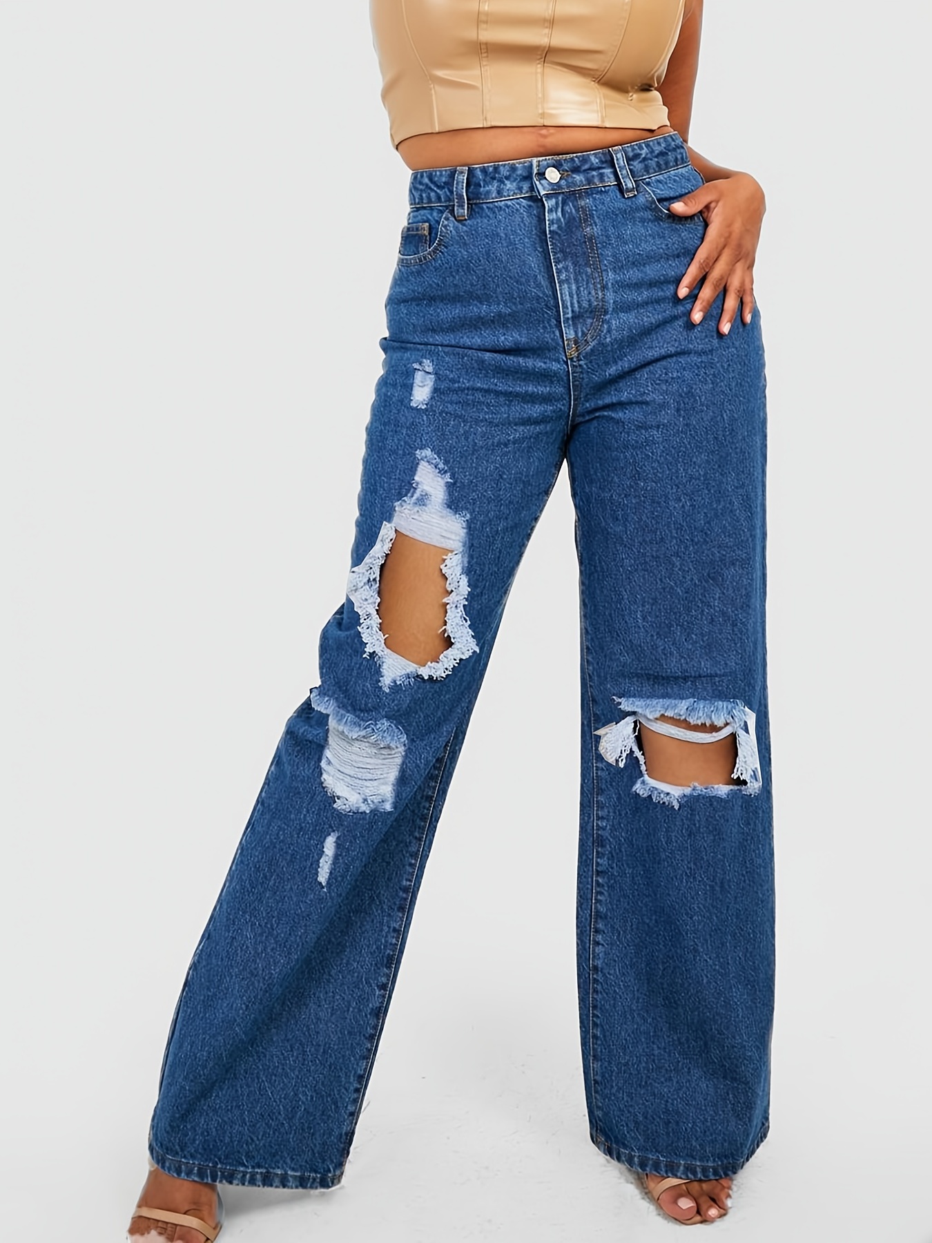 High Rise Straight Legs Loose Baggy Fit Ripped Knees Cut Out Front Wide Legs  Distressed Light Blue Boyfriend Jeans Pants, Women's Denim Jeans, Women's  Clothing