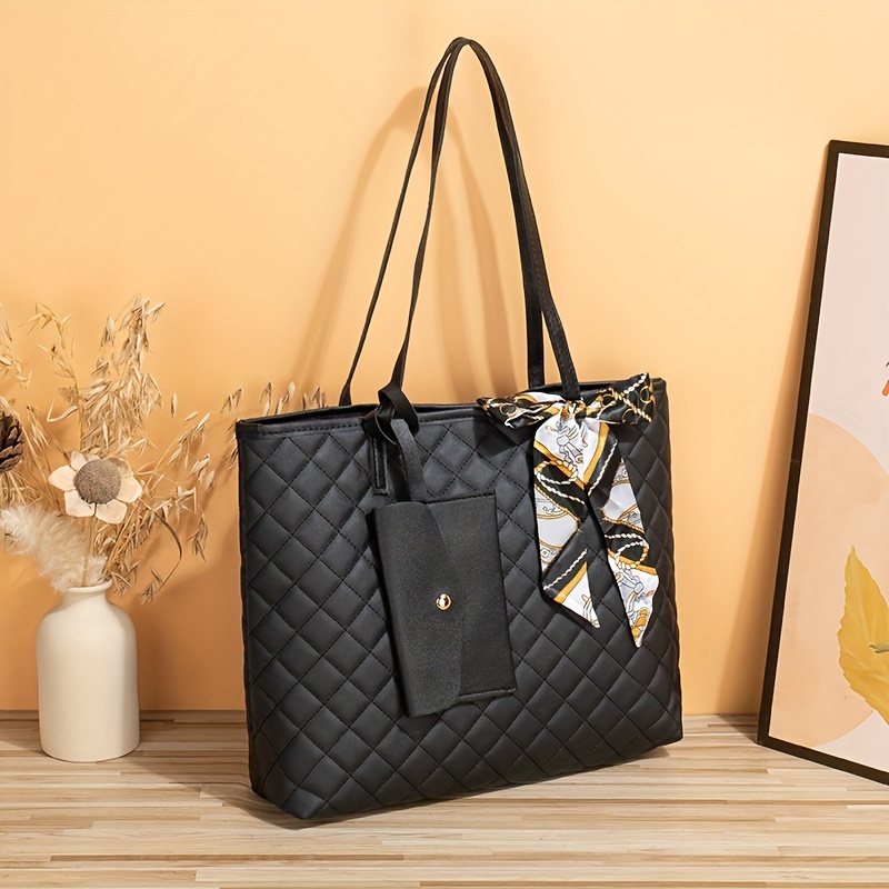 Trendy Minimalist Tote Bag, Large Capacity Shoulder Bag With Clutch Purse &  Scarf Decor - Temu