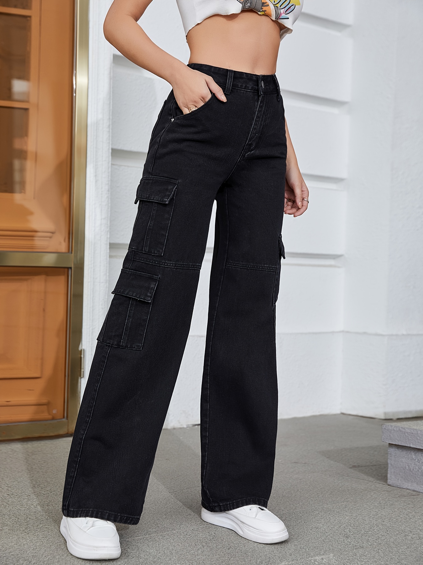 Loose Ladies Low Rise Jeans Cargo Pants Vintage Streetwear Ladies Wide Leg  Flare Jeans Bottoms (Color : Black, Size : Large)