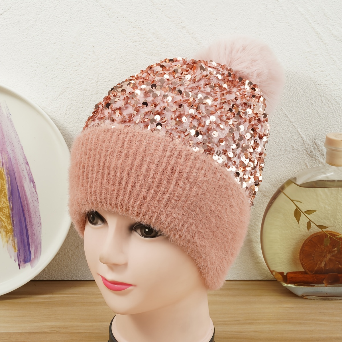 Winter Warm Knitted Beanie Hat Women Sequins Ear Protection - Temu