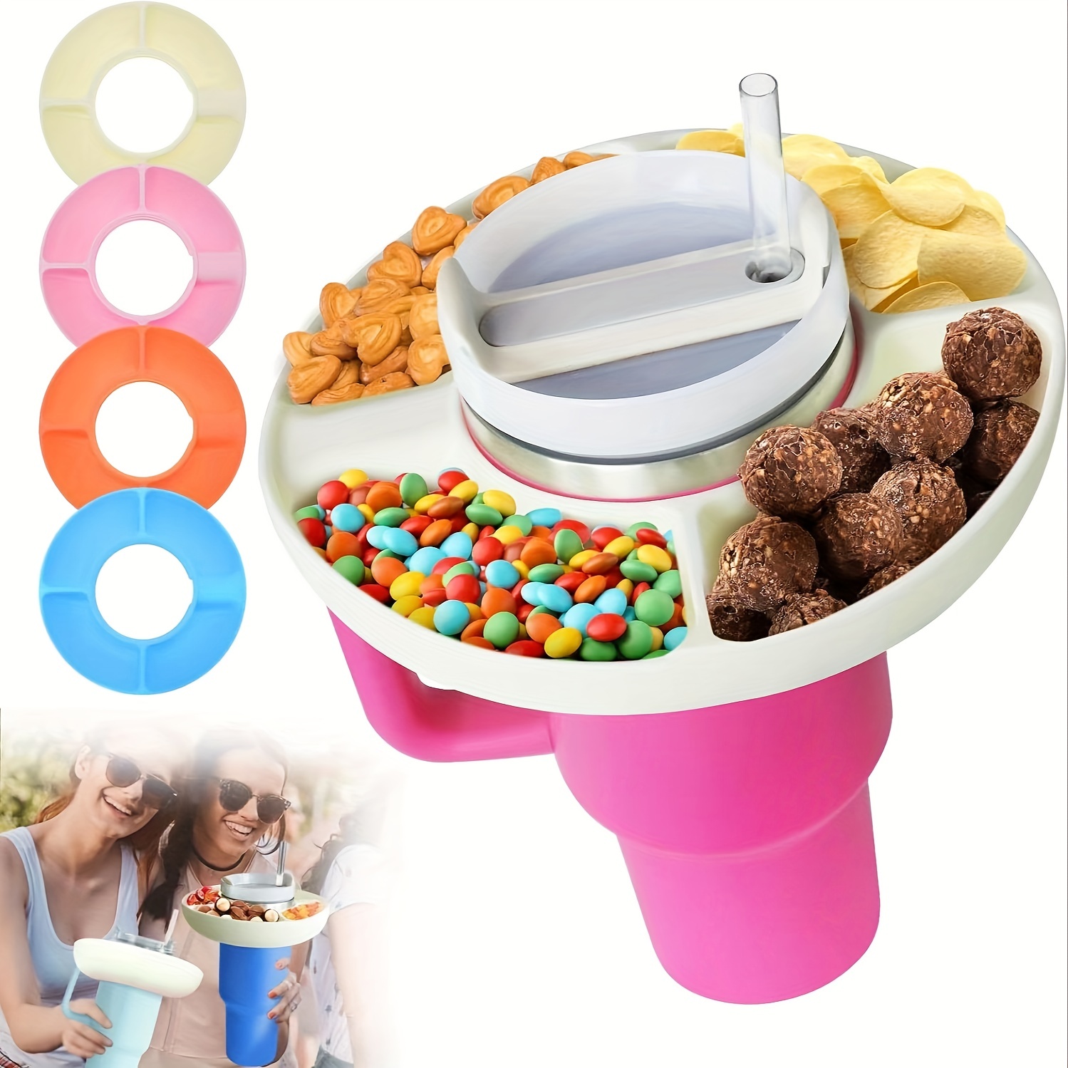 Silicone Snack Bowl For Stanley Tumbler With Handle, 4 Compartment