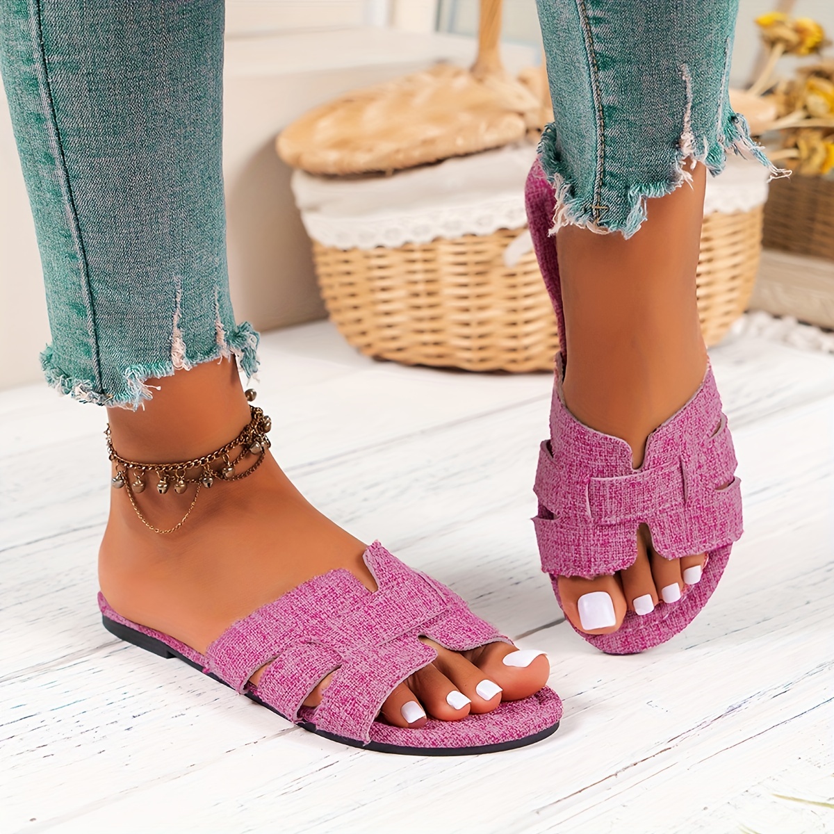 Women Thin Strap Open Toe Flat Sandals Fashion White Slide