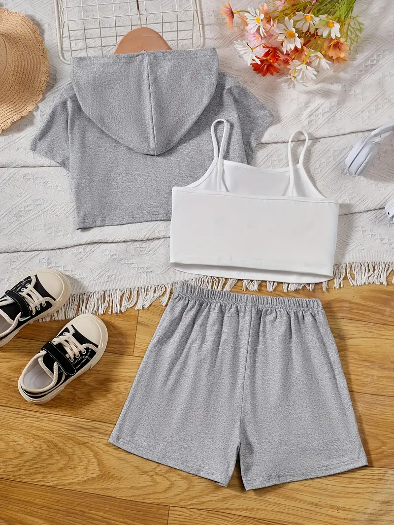 girls stylish 3pcs hooded t shirt camisole shorts set california patched short sleeve top casual outfits kids clothes for summer details 11