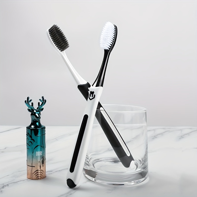 Image of 2pcs, Soft Bristle Long-head Toothbrushes Black And Couple Dual-pack Home Adult Fashion Student Special Toothbrush Handle Toothpaste Squeeze Design