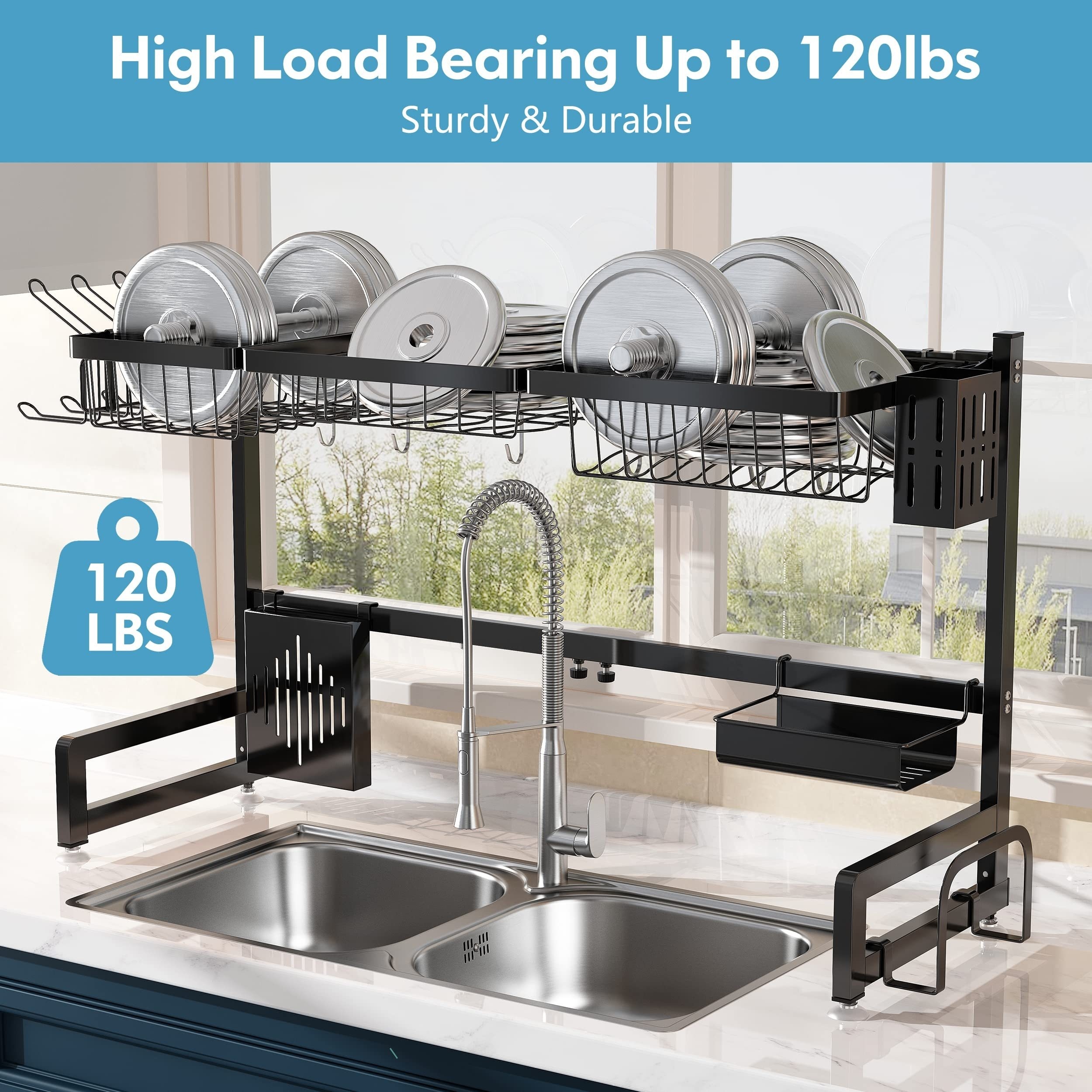 Over The Sink Dish Drying Rack,Adjustable,2 Tier Stainless Steel Dish Rack  Drainer, Large Stainless Steel Dish Rack Over Sink for Kitchen Counter  Organizer Storage Space Saver with Hooks 33.5 