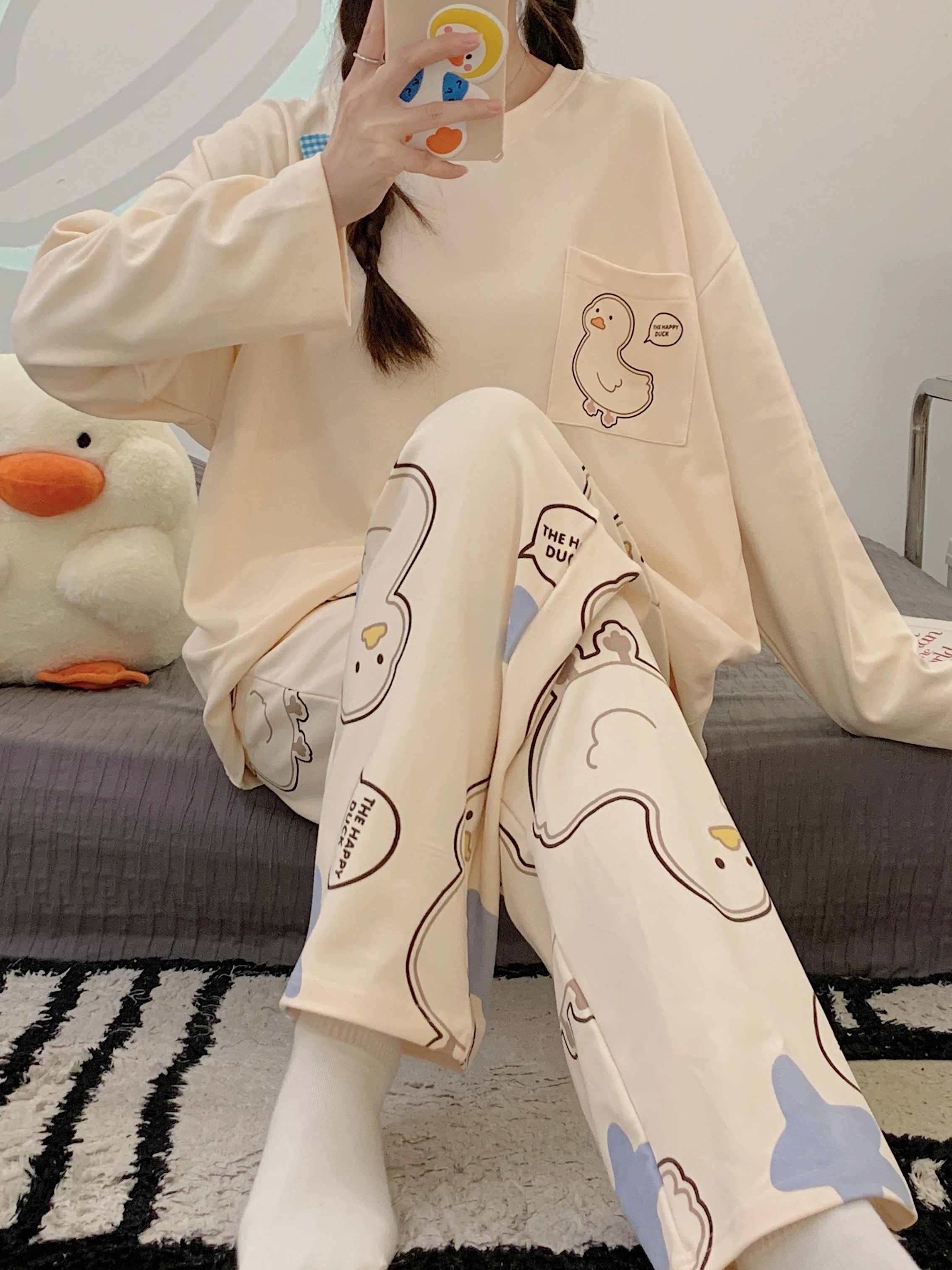 Soft Simple Cartoon Pajama Set Long Sleeve Tops Pants - Temu