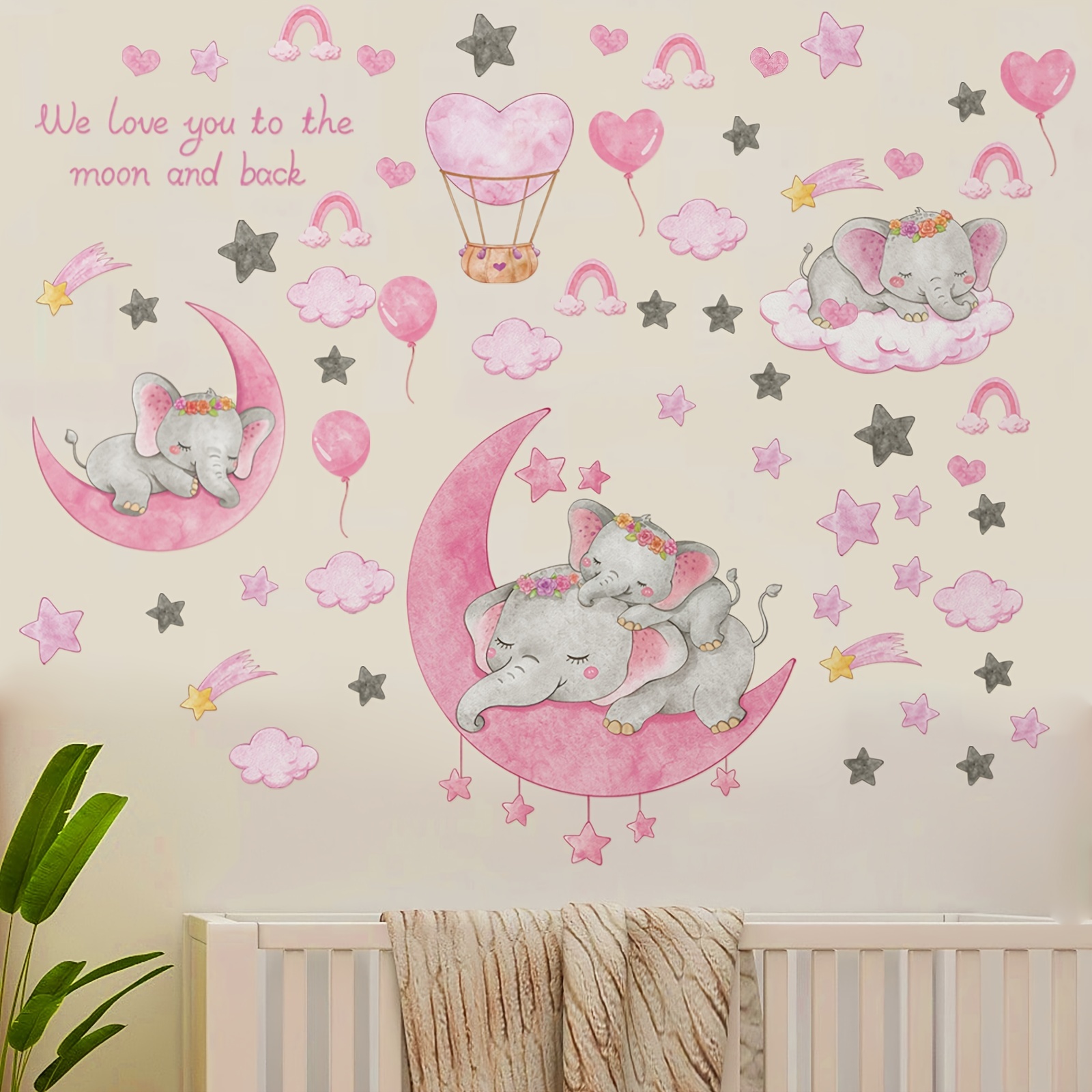 Stickers Chambre Bébé - Petit Elephant sur la Lune avec étoiles