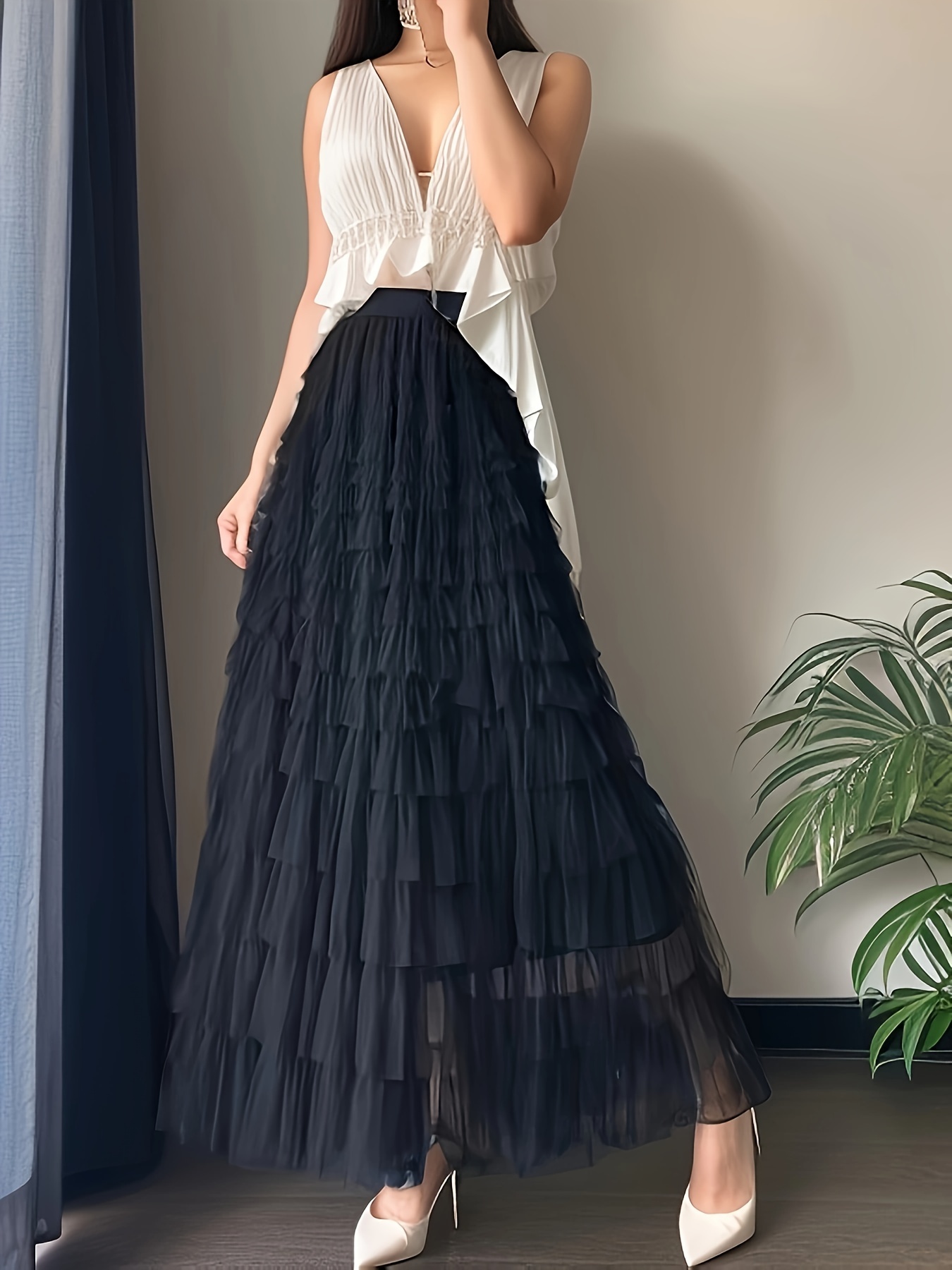 A-Line Tulle Skirts | Modest Multi Layer Tulle Skirt Black / L