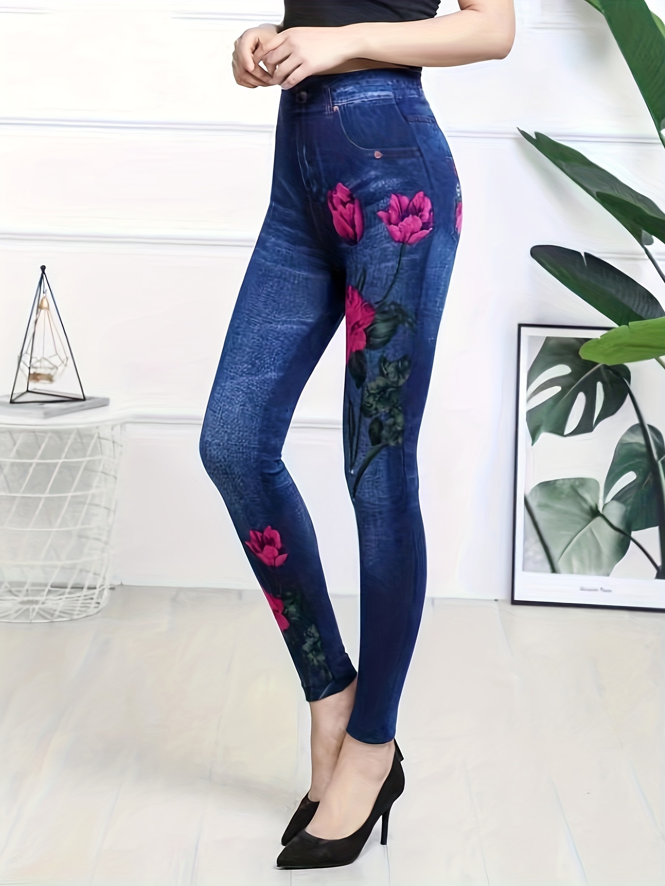 Floral Print Skinny Leggings Casual Elastic Waist Stretchy - Temu Canada