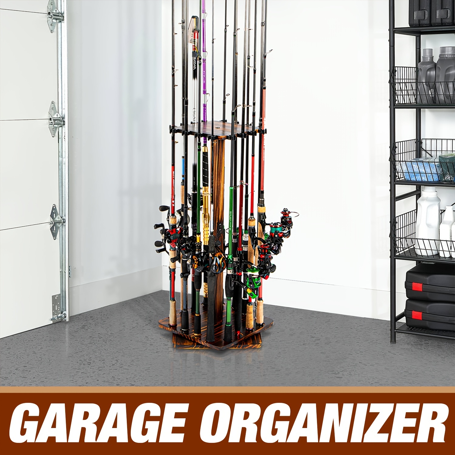 Fishing Rod Pole Holders Rack, 360 Degree Rotating Garage Pole Floor Stand  Holds up to 16 Rods Wood Vertical Upright Fishing Gear Equipment Storage