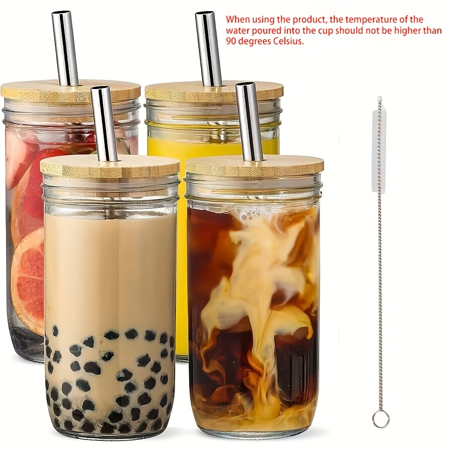 Drinking Glasses with Bamboo Lids and Glass Straw 1/4pcs Set for