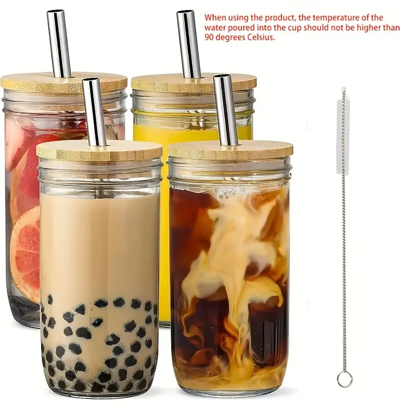 4pcs, Glass Cups Set, 24oz Mason Jar Drinking Glasses W Bamboo Lids &  Straws, Cute Reusable Boba Bottle, Iced Coffee Glasses, Travel Tumbler For  Bubbl