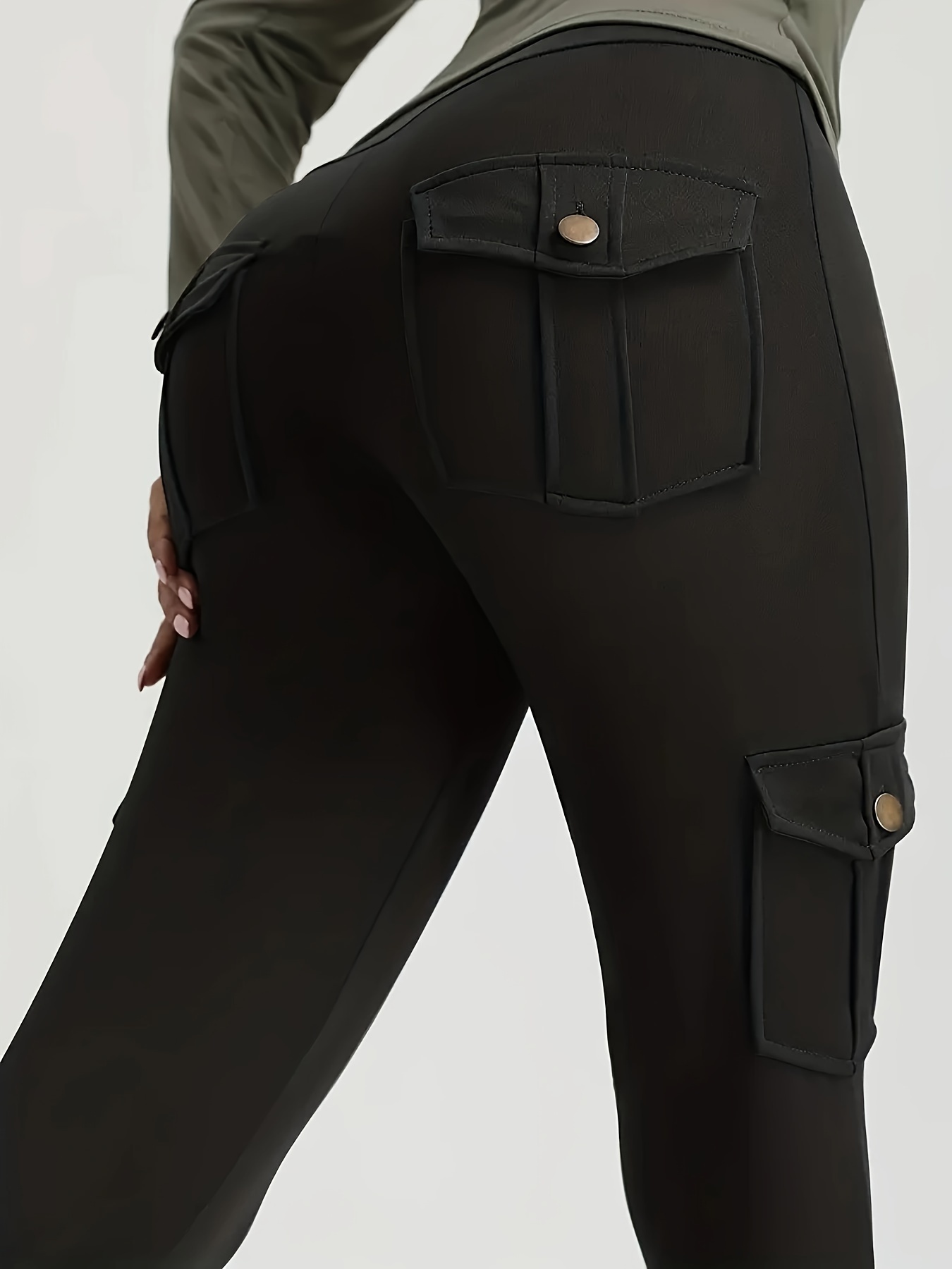 Solid Color Pockets High Waist Sports Tight Pants Quick - Temu Canada